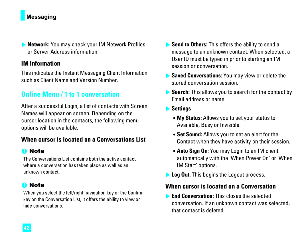 LG Electronics CU500 manual Online Menu / 1 to 1 conversation, IM Information, When cursor is located on a Conversation 