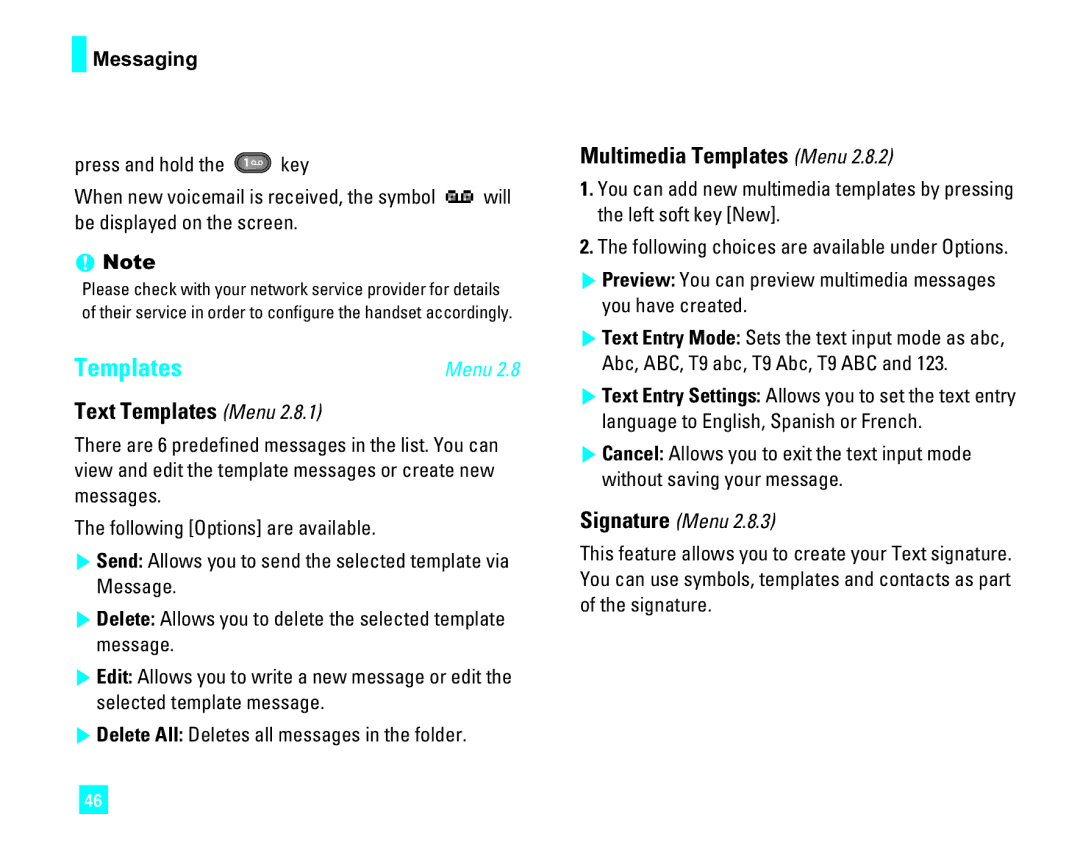 LG Electronics CU500 manual Text Templates Menu, Multimedia Templates Menu, Be displayed on the screen, Signature Menu 