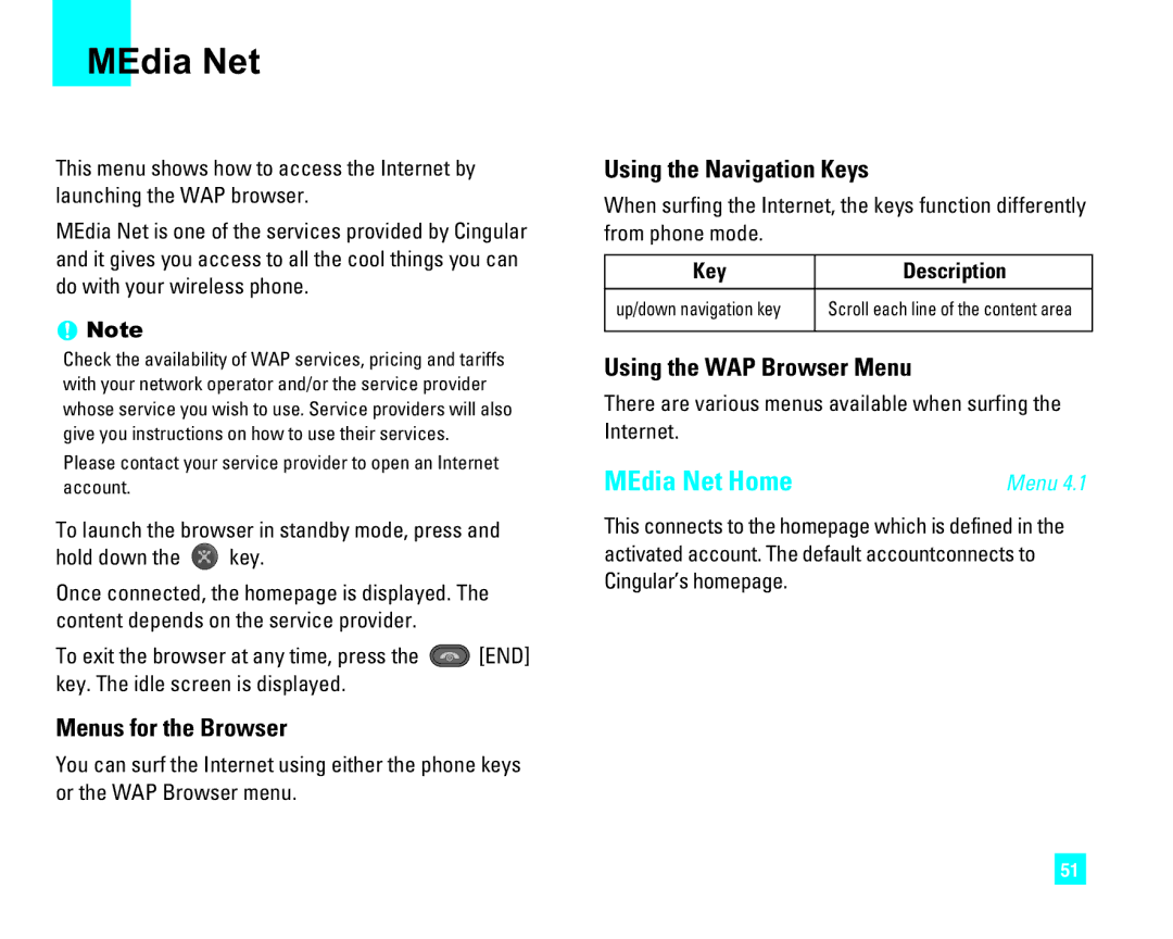 LG Electronics CU500 MEdia Net Home, Menus for the Browser, Using the Navigation Keys, Using the WAP Browser Menu 