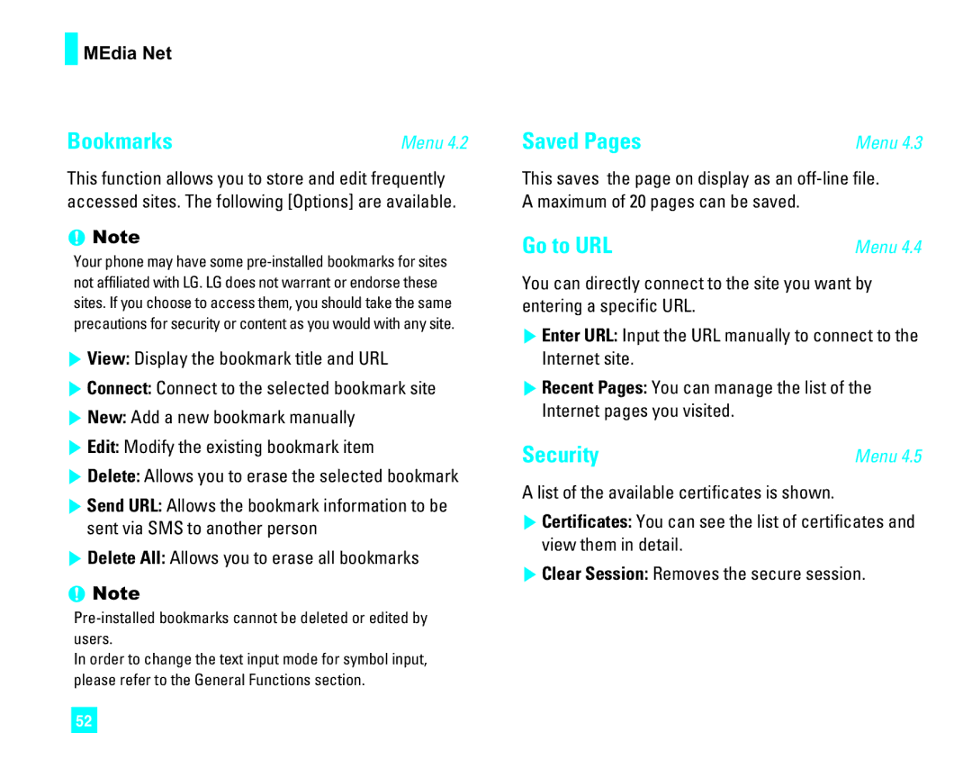 LG Electronics CU500 manual Bookmarks, Saved Pages, Go to URL, Security, MEdia Net 
