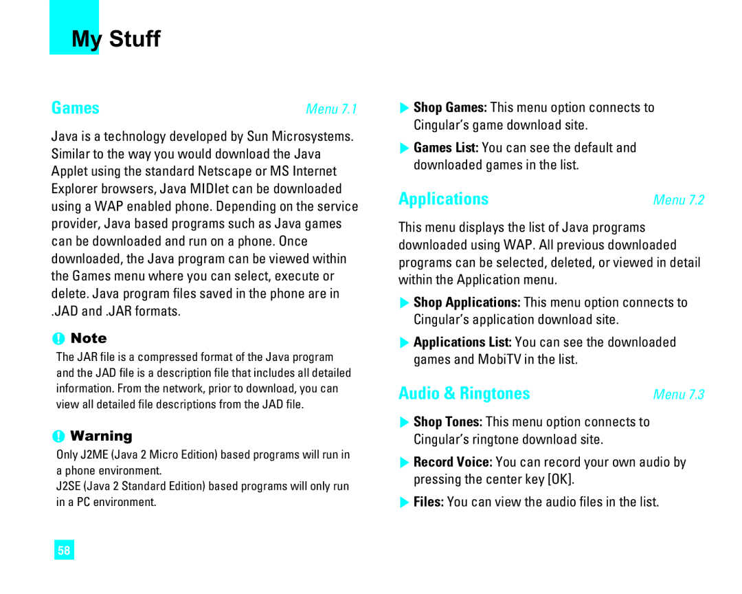 LG Electronics CU500 manual My Stuff, Games, Applications, Audio & Ringtones, JAD and .JAR formats 