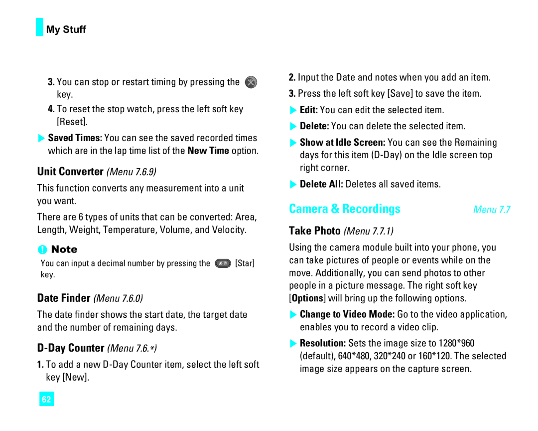 LG Electronics CU500 manual Camera & Recordings, Unit Converter Menu, Date Finder Menu, Day Counter Menu, Take Photo Menu 