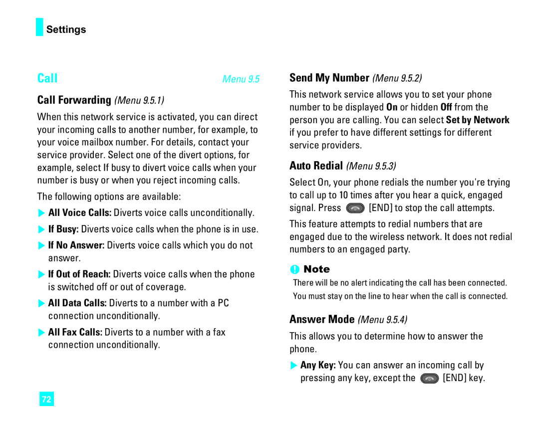 LG Electronics CU500 manual Call Forwarding Menu, Send My Number Menu, Auto Redial Menu, Answer Mode Menu 