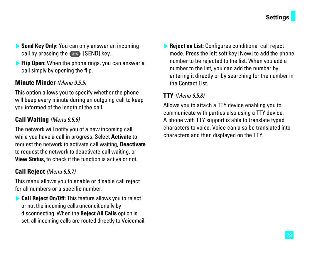 LG Electronics CU500 manual Minute Minder Menu, Call Waiting Menu, Call Reject Menu, TTY Menu 