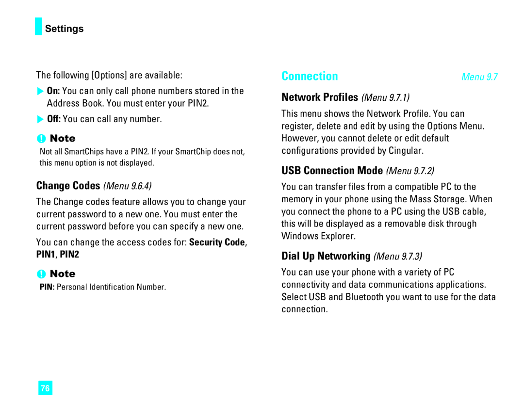 LG Electronics CU500 manual Change Codes Menu, Network Profiles Menu, USB Connection Mode Menu, Dial Up Networking Menu 