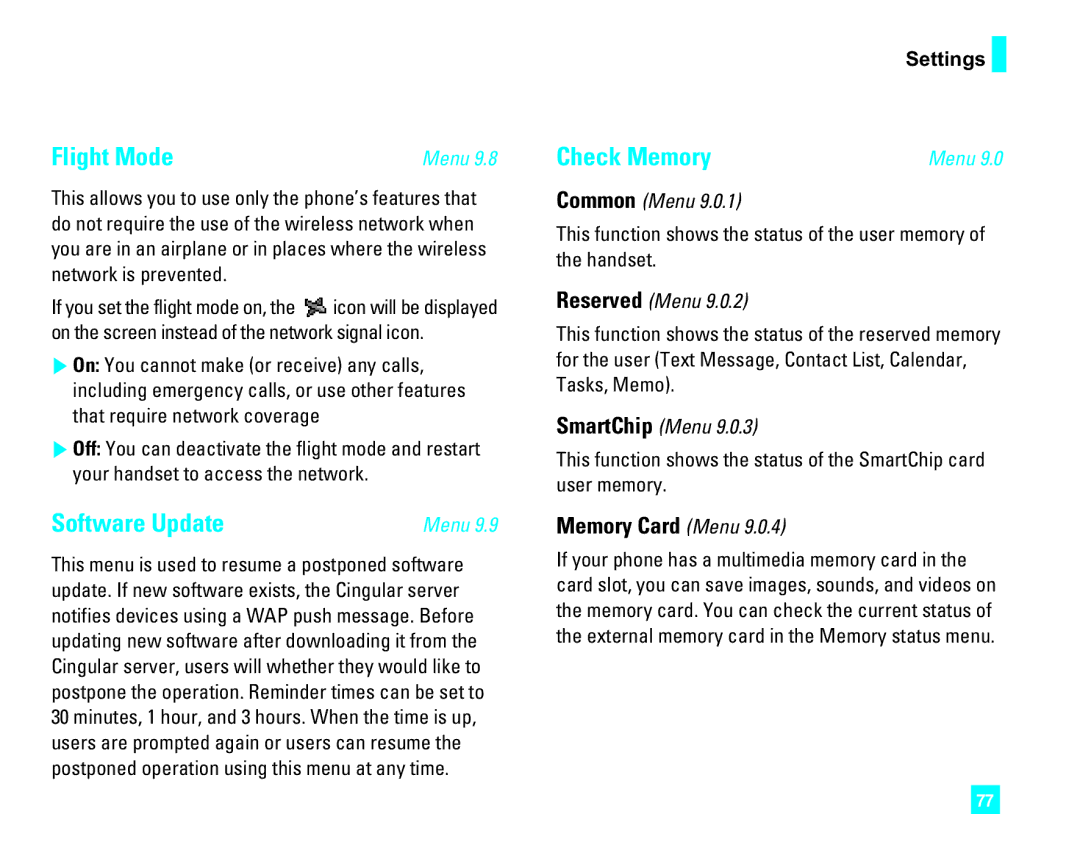 LG Electronics CU500 manual Flight Mode, Software Update, Check Memory, Memory Card Menu 
