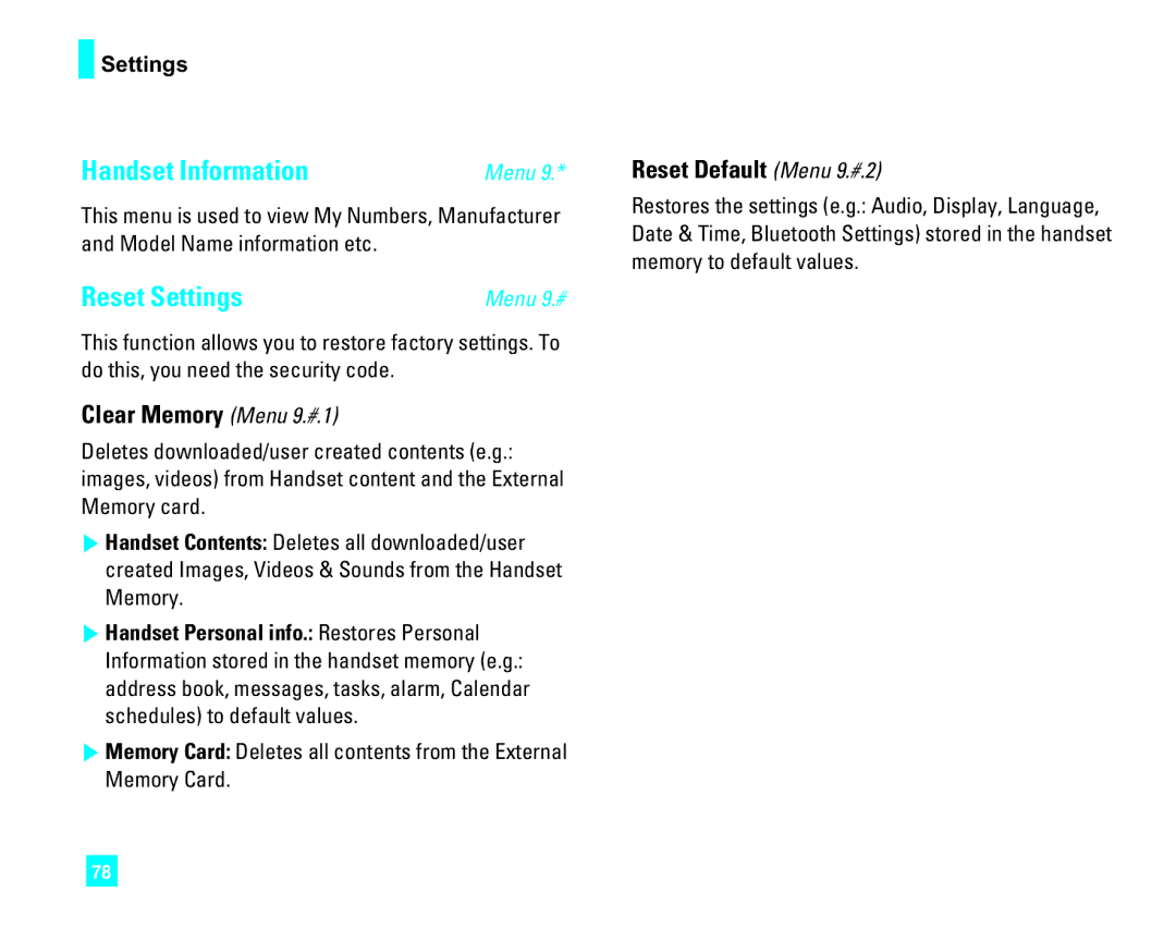LG Electronics CU500 manual Handset Information, Reset Settings, Clear Memory Menu 9.#.1, Reset Default Menu 9.#.2 
