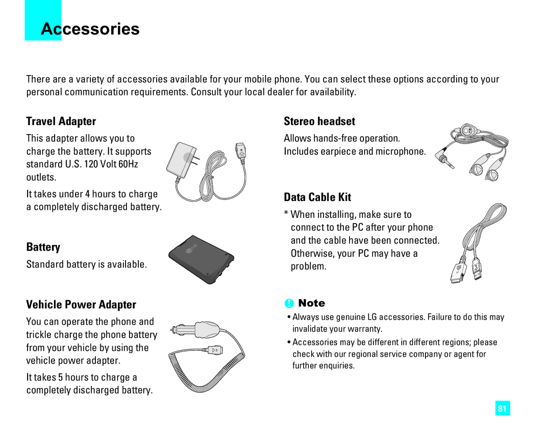 LG Electronics CU500 manual Accessories, Travel Adapter, Battery, Stereo headset, Data Cable Kit 