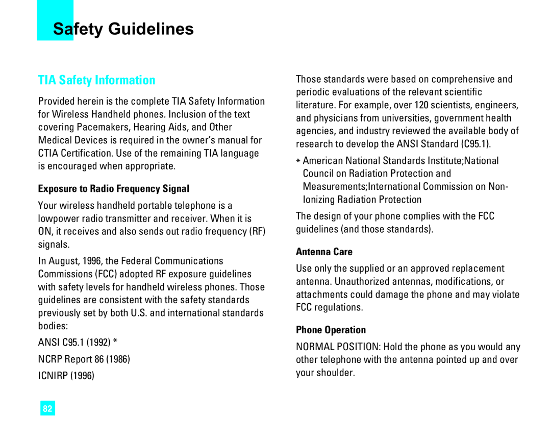 LG Electronics CU500 manual Safety Guidelines, TIA Safety Information, Exposure to Radio Frequency Signal, Antenna Care 