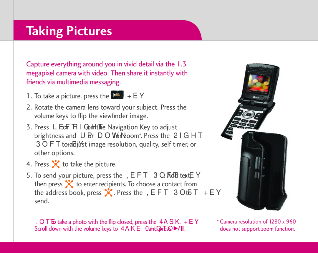 LG Electronics CU500 quick start Taking Pictures, To take a picture, press the Key 