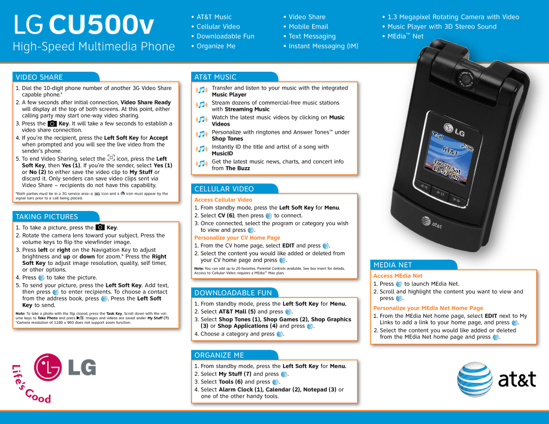 LG Electronics CU500V manual Video Share, Taking Pictures, AT&T Music, Cellular Video, Organize ME 
