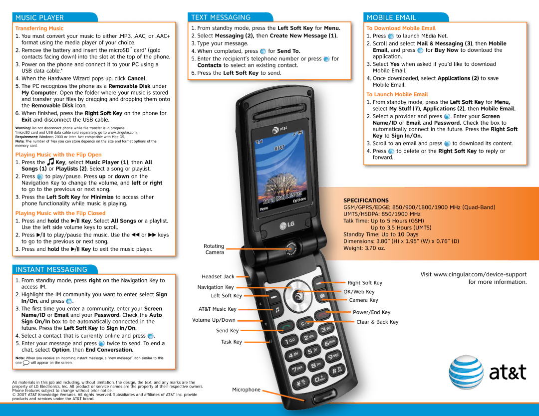 LG Electronics CU500V manual MuSIC Player, Text Messaging, Instant MESSaging 