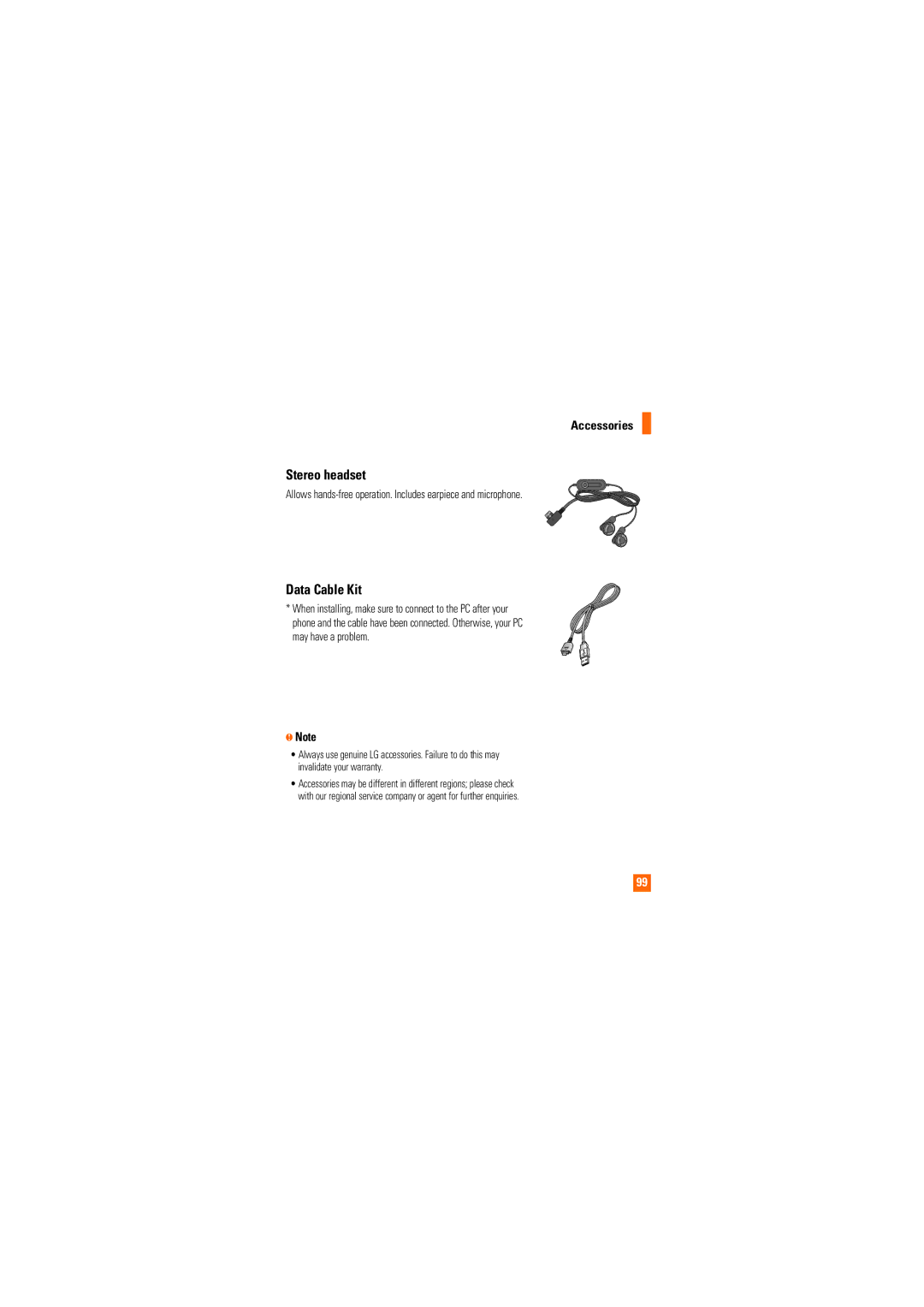 LG Electronics CU515 manual Stereo headset, Data Cable Kit, Accessories 