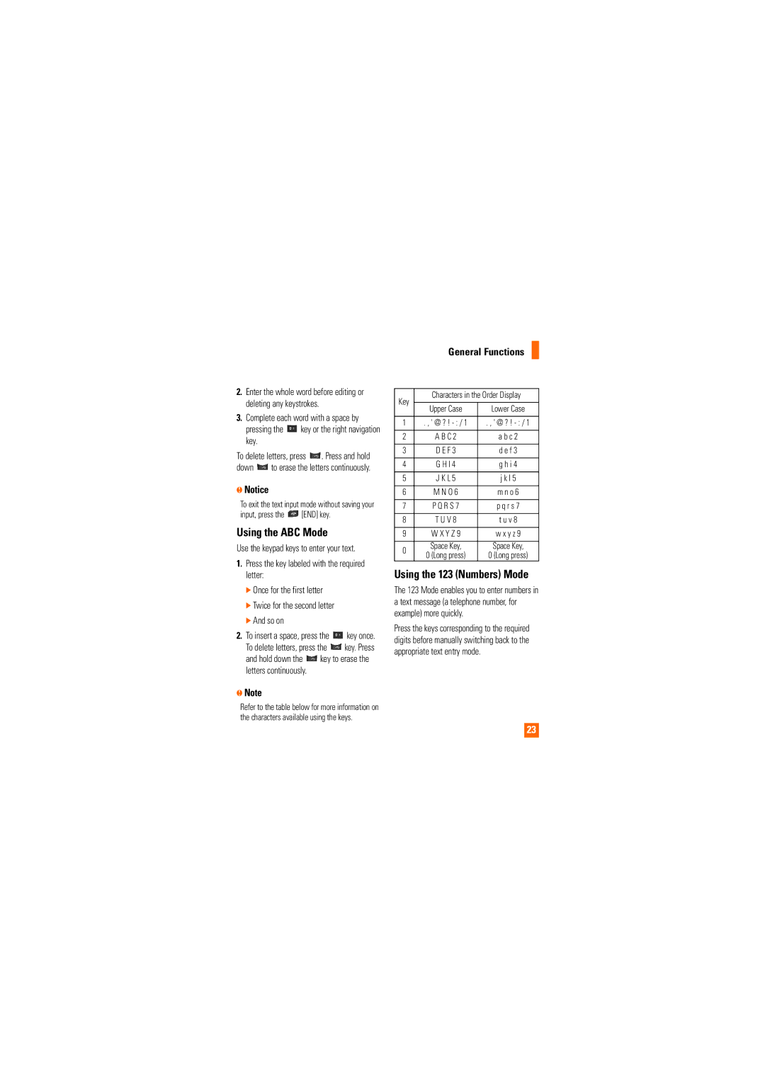 LG Electronics CU515 manual Using the ABC Mode, Using the 123 Numbers Mode, Pressing the key or the right navigation key 