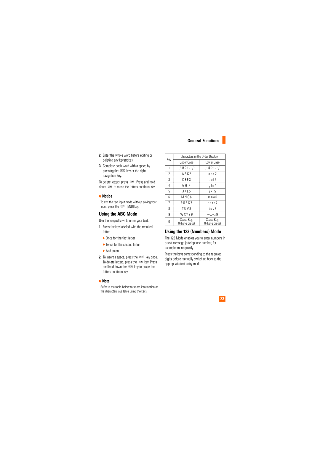 LG Electronics CU720 manual Using the ABC Mode, Using the 123 Numbers Mode 