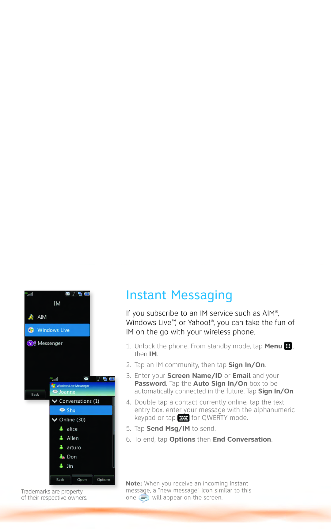 LG Electronics CU915 quick start Instant Messaging, To end, tap Options then End Conversation 