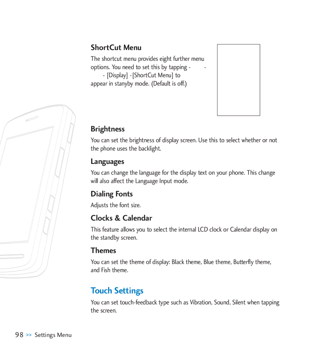 LG Electronics CU920 manual Touch Settings 