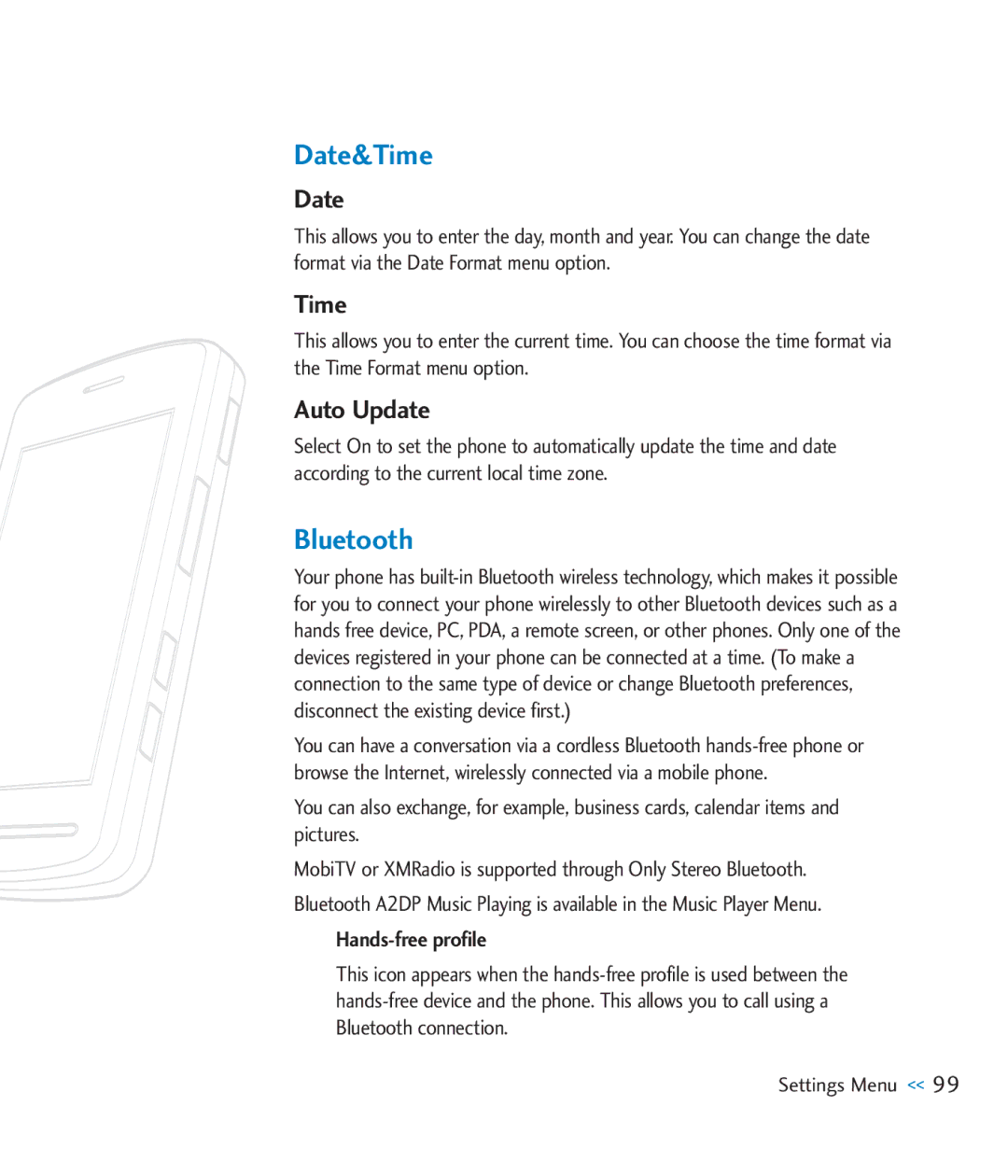 LG Electronics CU920 manual Date&Time, Bluetooth, Auto Update 