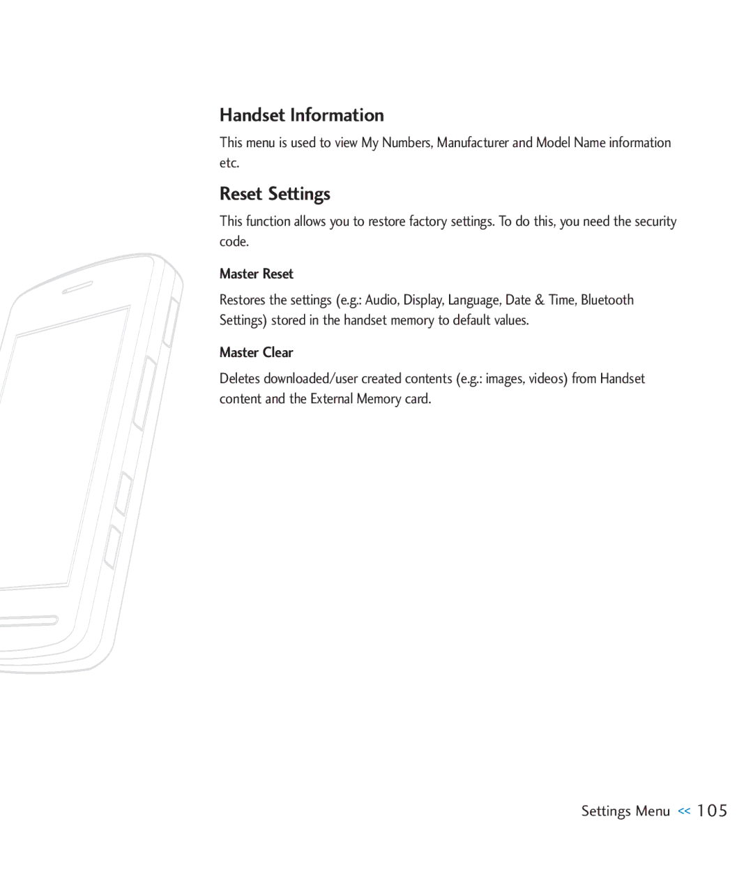 LG Electronics CU920 manual Handset Information, Reset Settings 