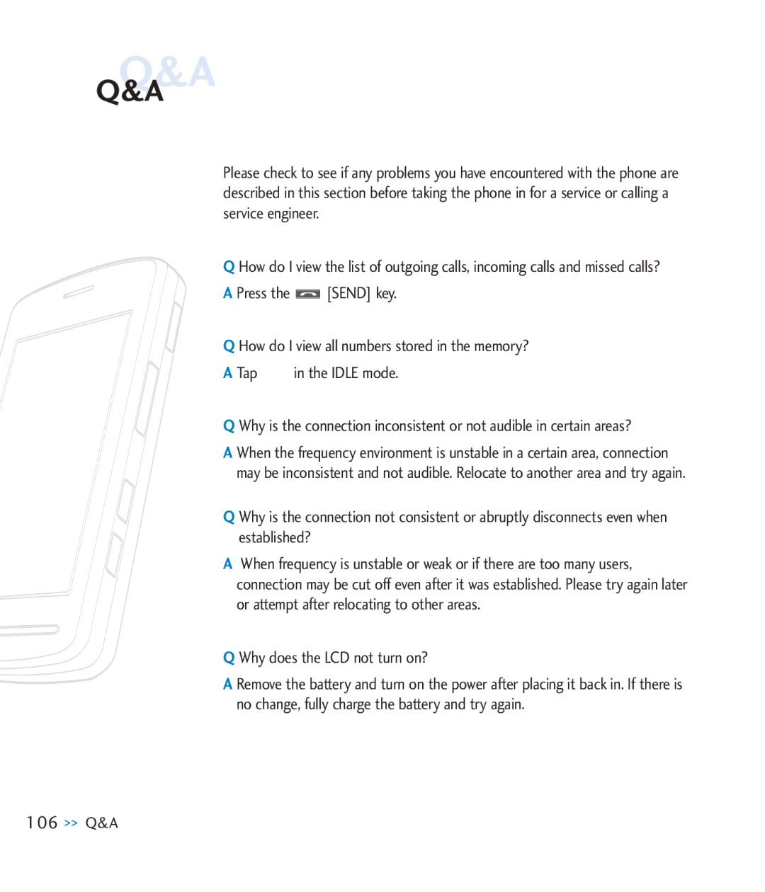 LG Electronics CU920 manual 106 Q&A, Why does the LCD not turn on? 