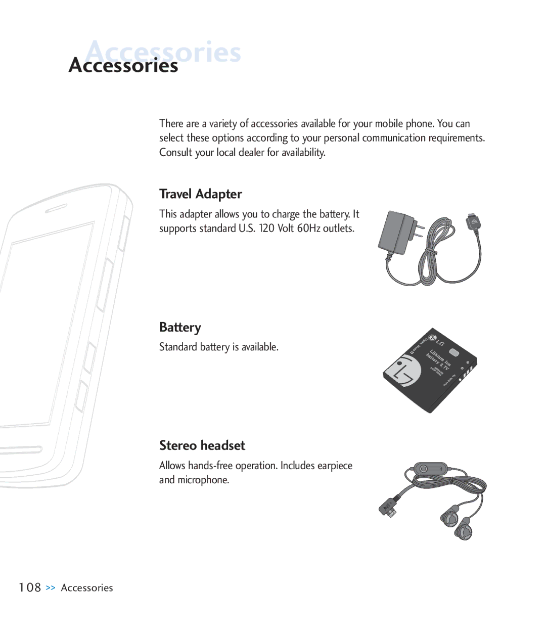 LG Electronics CU920 manual Accessories, Travel Adapter, Battery, Stereo headset 