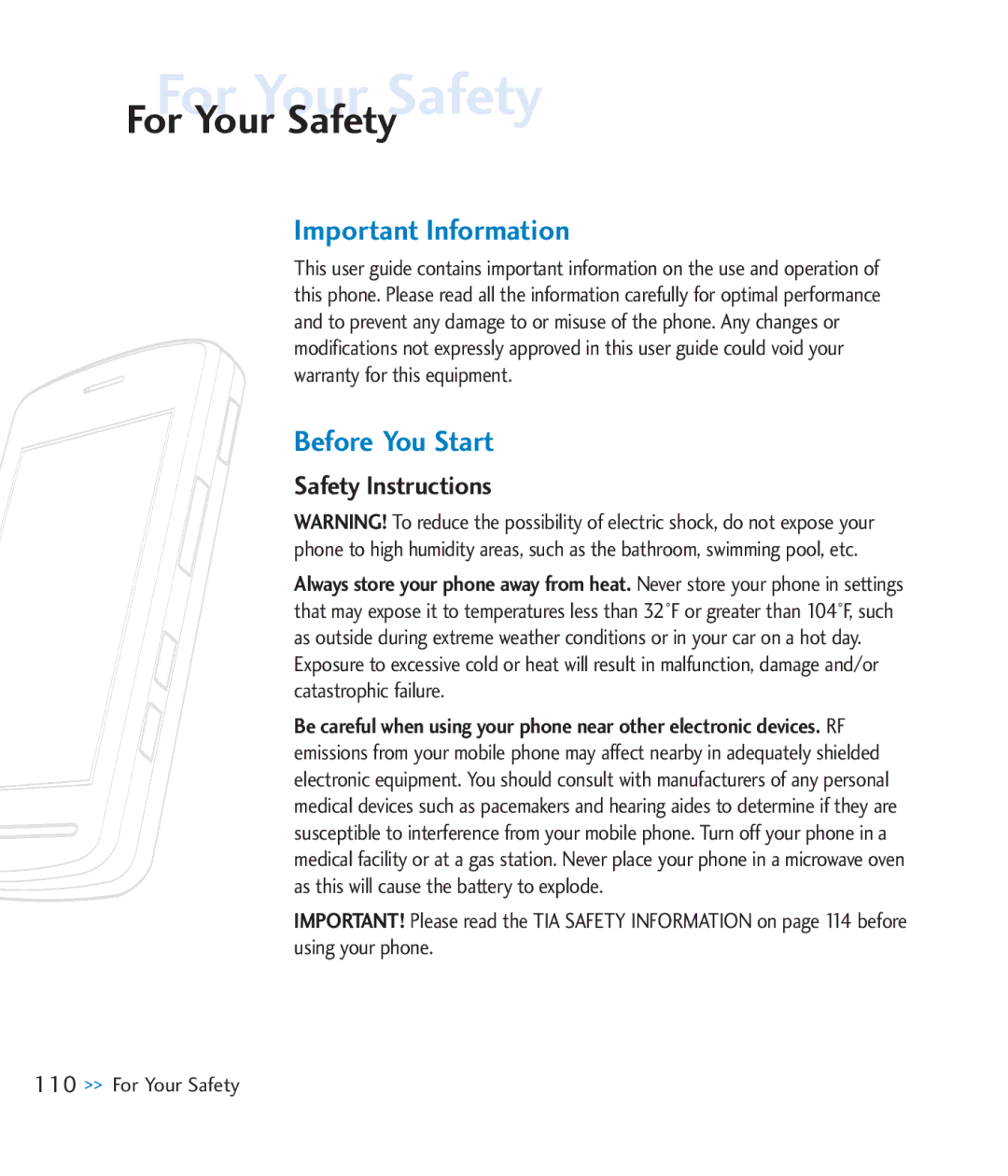 LG Electronics CU920 manual For Your Safety, Important Information, Before You Start, Safety Instructions 