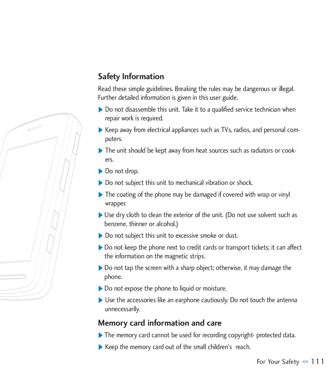 LG Electronics CU920 manual Safety Information, Memory card information and care 