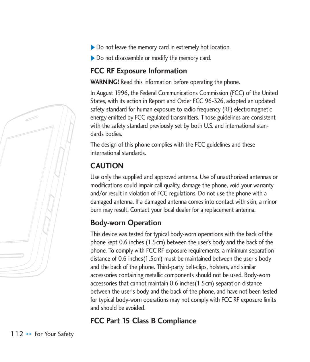 LG Electronics CU920 manual FCC RF Exposure Information, Body-worn Operation, FCC Part 15 Class B Compliance 