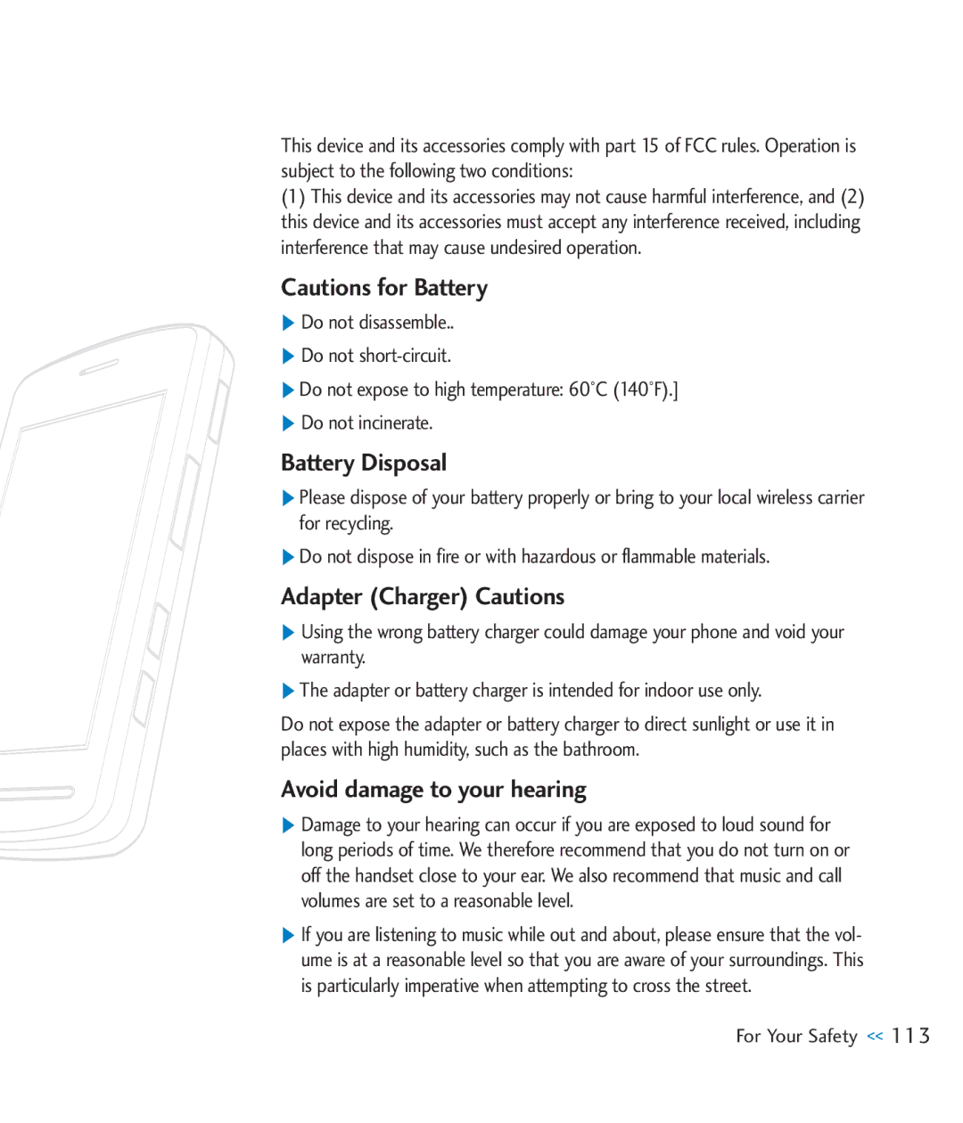 LG Electronics CU920 manual Battery Disposal, Adapter Charger Cautions, Avoid damage to your hearing 