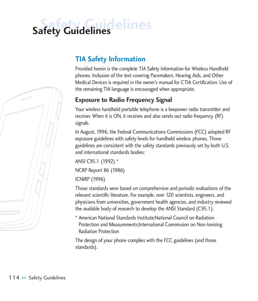 LG Electronics CU920 manual Safety Guidelines, TIA Safety Information, Exposure to Radio Frequency Signal 