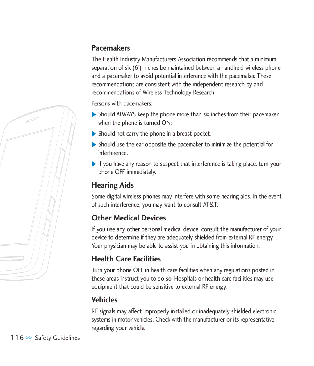 LG Electronics CU920 manual Pacemakers, Hearing Aids, Other Medical Devices, Health Care Facilities, Vehicles 