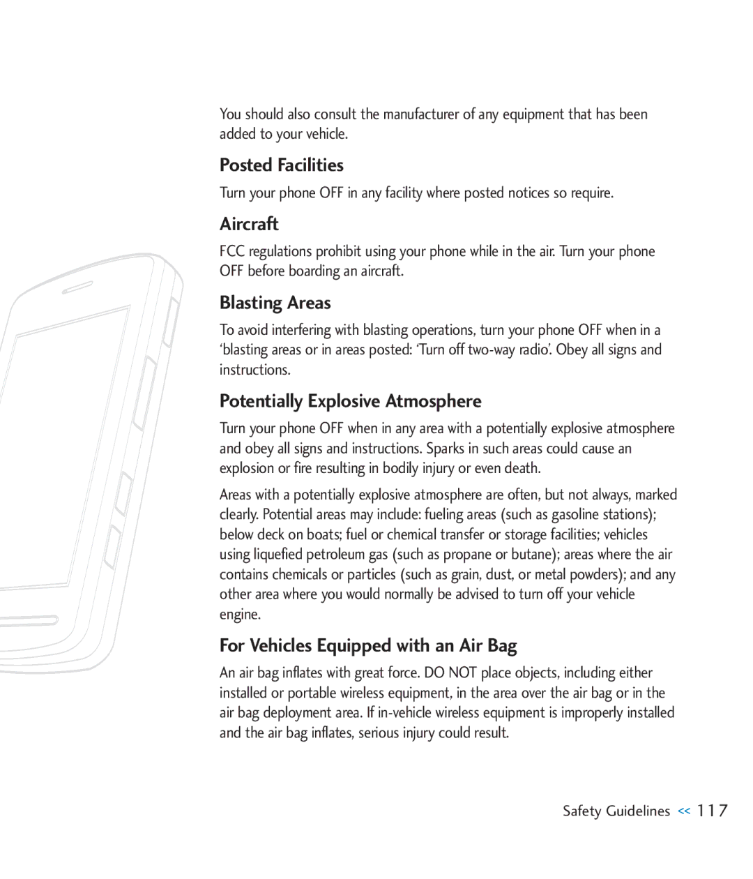 LG Electronics CU920 manual Posted Facilities, Aircraft, Blasting Areas, Potentially Explosive Atmosphere 