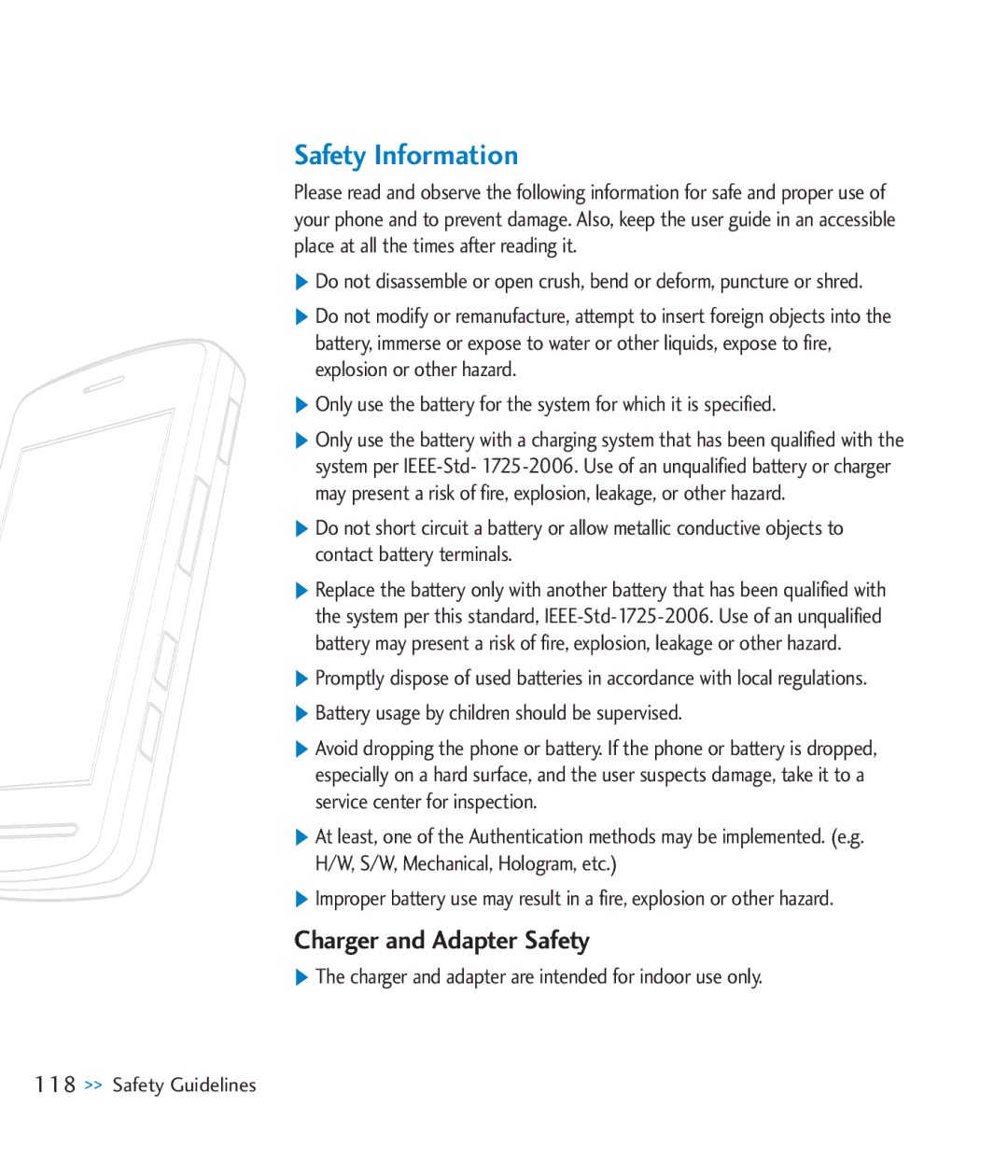 LG Electronics CU920 manual Safety Information, Charger and Adapter Safety, Battery usage by children should be supervised 