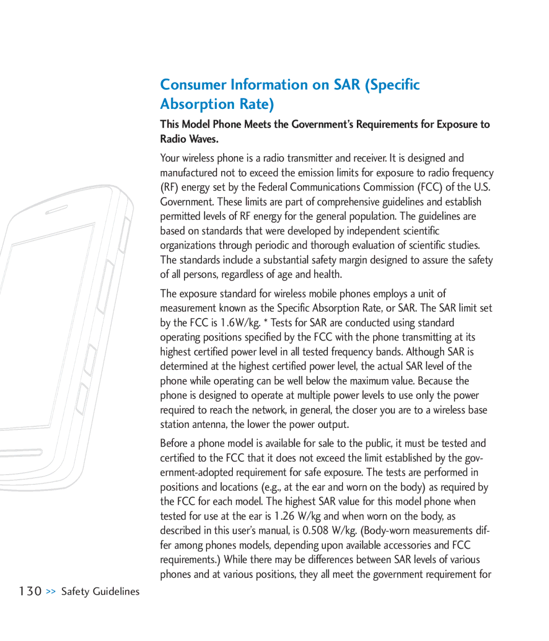 LG Electronics CU920 manual Consumer Information on SAR Specific Absorption Rate 