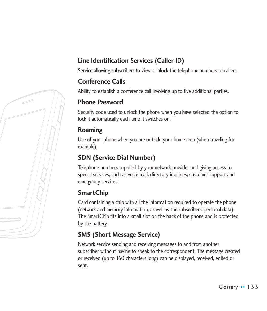 LG Electronics CU920 manual Line Identification Services Caller ID, Conference Calls, Phone Password, Roaming, SmartChip 