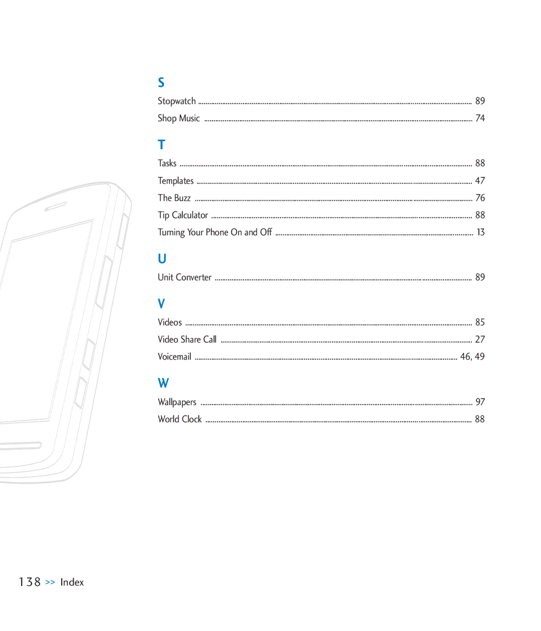 LG Electronics CU920 manual Index 