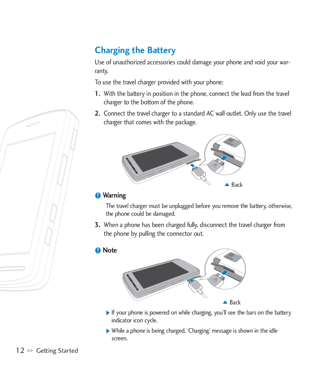 LG Electronics CU920 manual Charging the Battery 