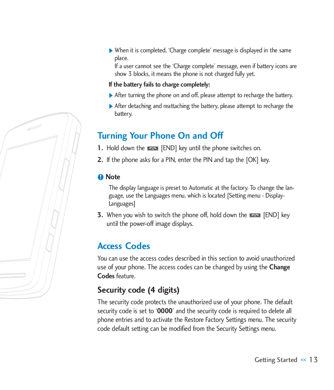 LG Electronics CU920 manual Turning Your Phone On and Off, Access Codes, Security code 4 digits 