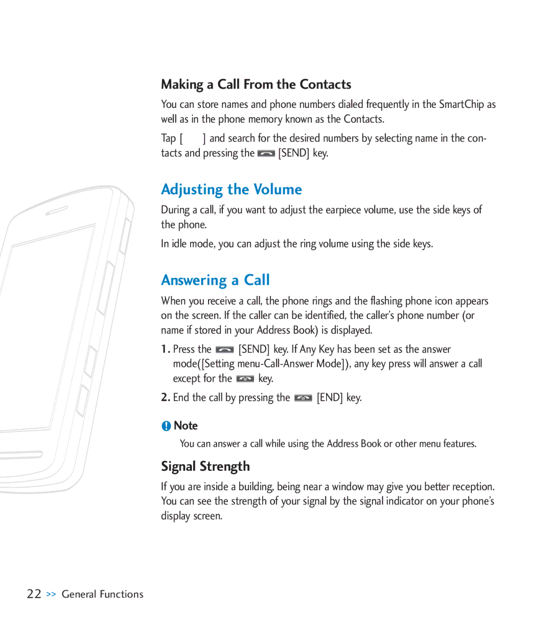 LG Electronics CU920 manual Adjusting the Volume, Answering a Call, Making a Call From the Contacts, Signal Strength 