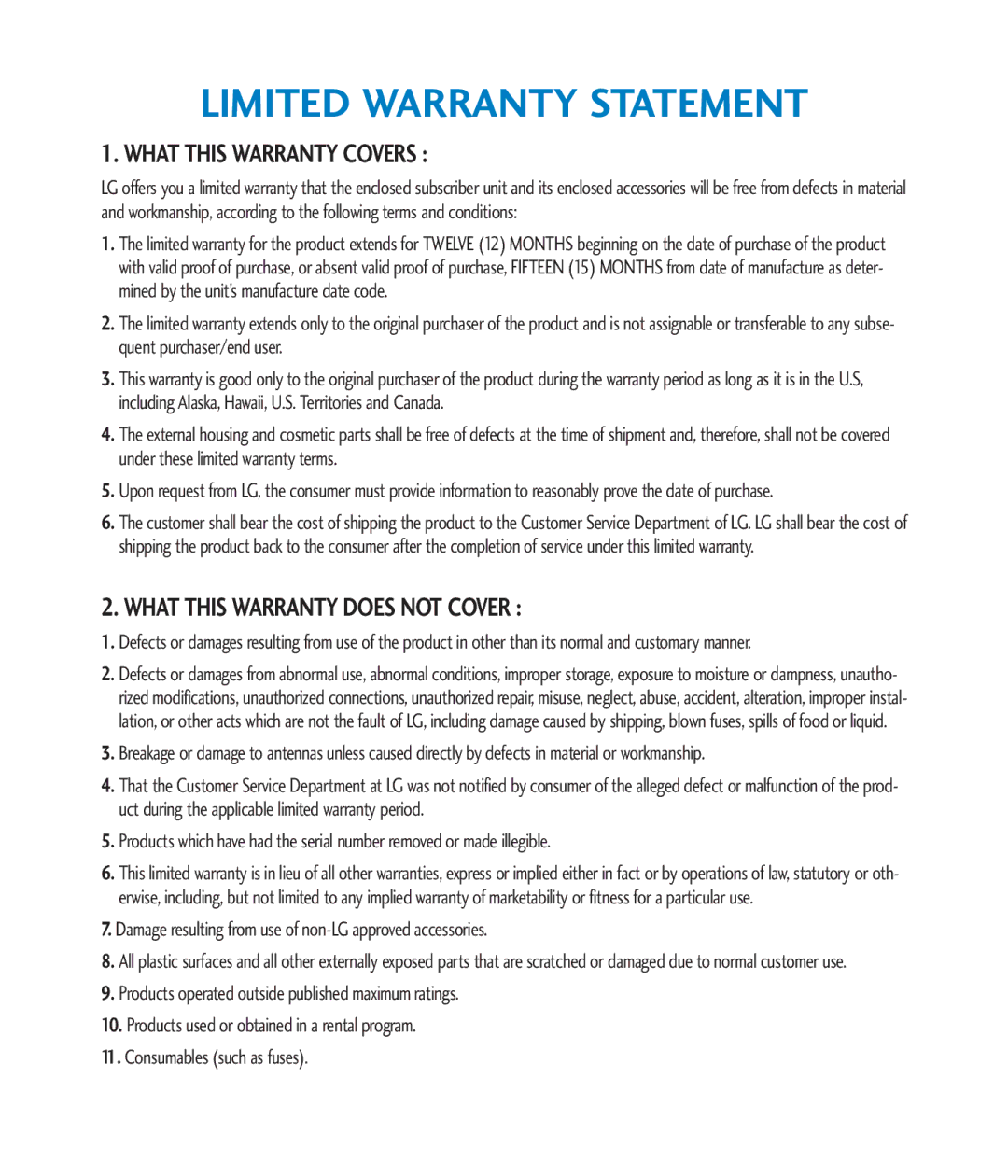 LG Electronics CU920 manual Limited Warranty Statement 