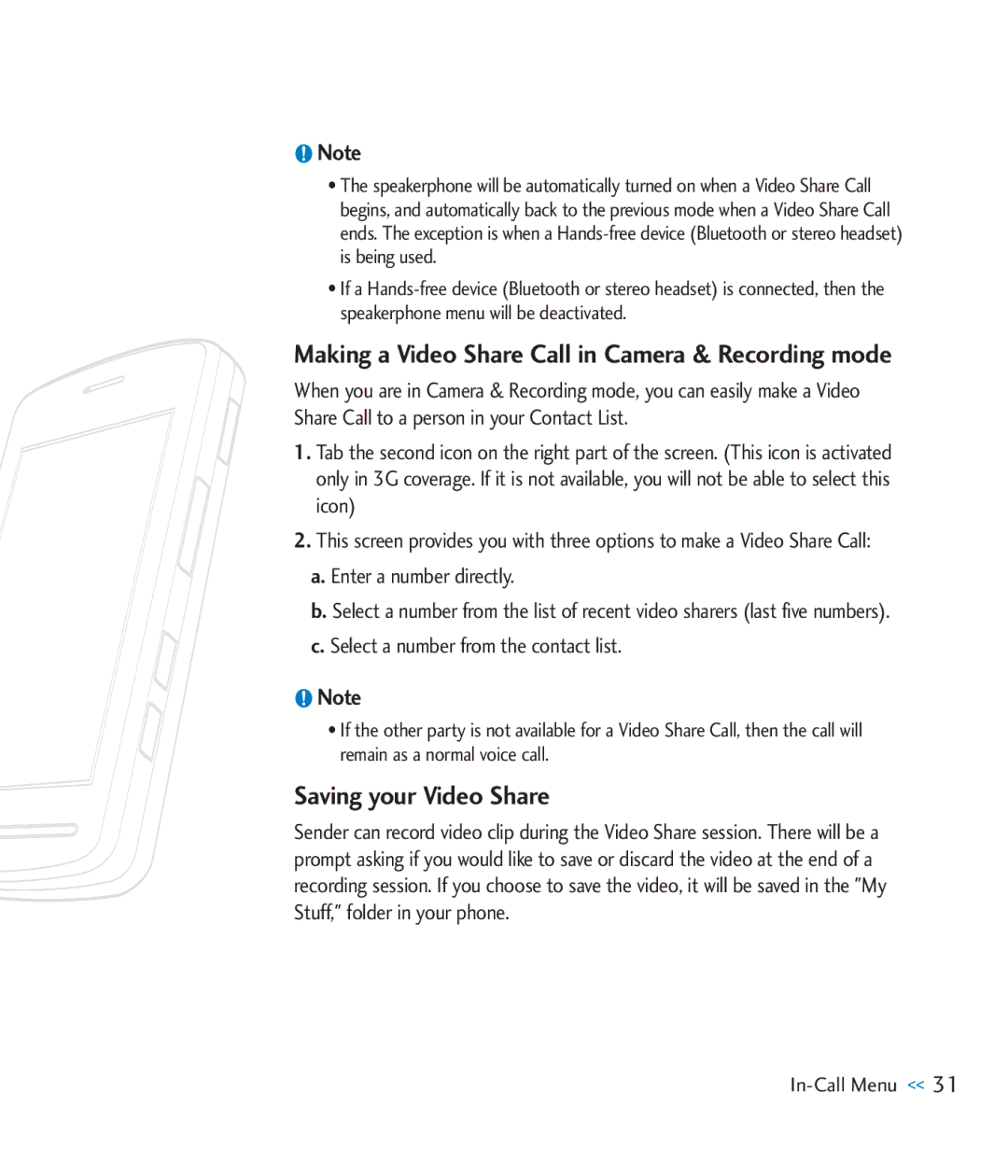 LG Electronics CU920 manual Making a Video Share Call in Camera & Recording mode, Saving your Video Share 