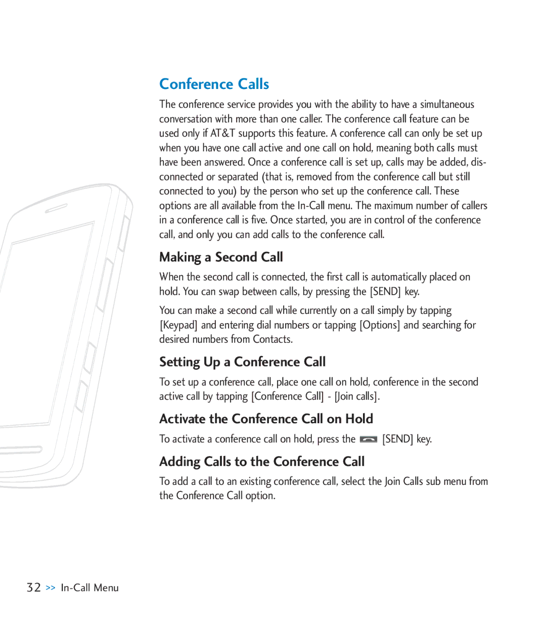 LG Electronics CU920 manual Conference Calls, Making a Second Call, Setting Up a Conference Call 