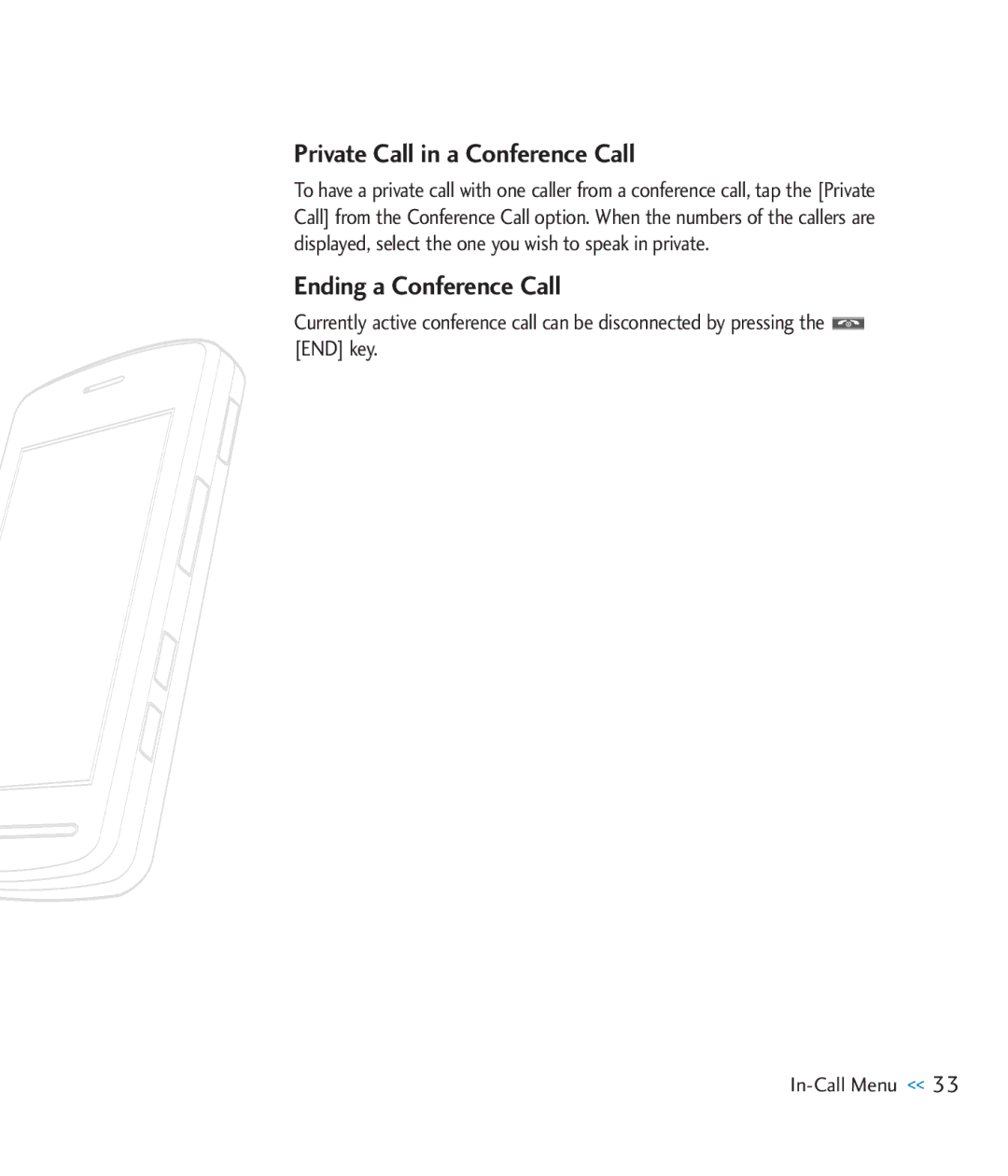 LG Electronics CU920 manual Private Call in a Conference Call, Ending a Conference Call 