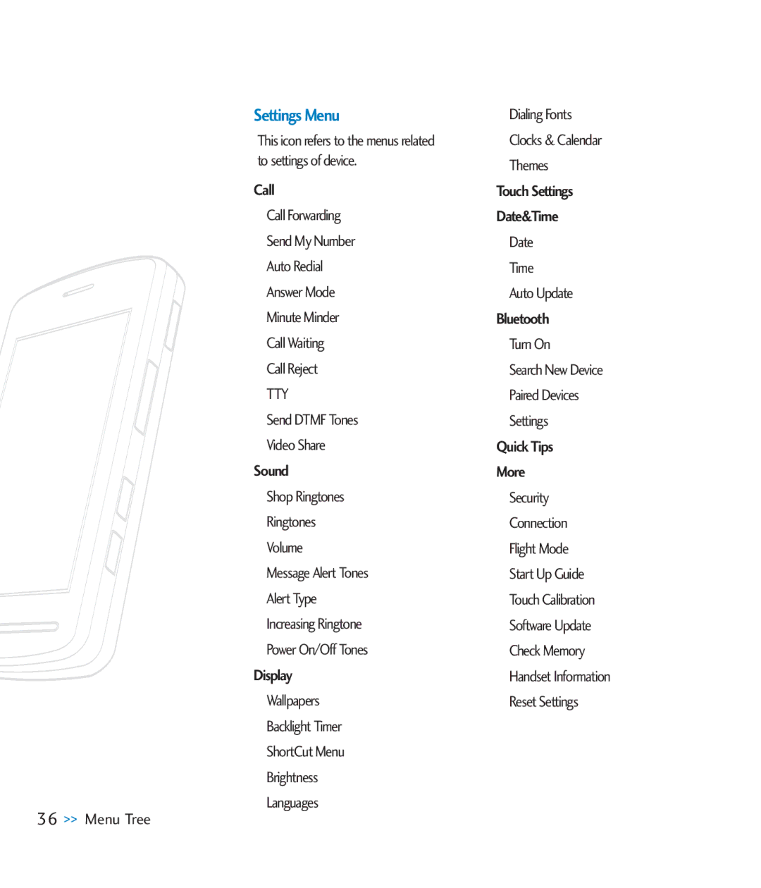 LG Electronics CU920 manual Settings Menu 