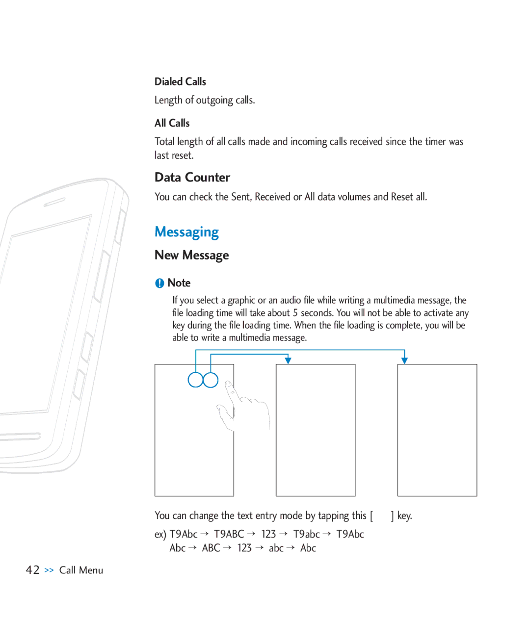 LG Electronics CU920 manual Messaging, Data Counter, New Message, Dialed Calls, All Calls 