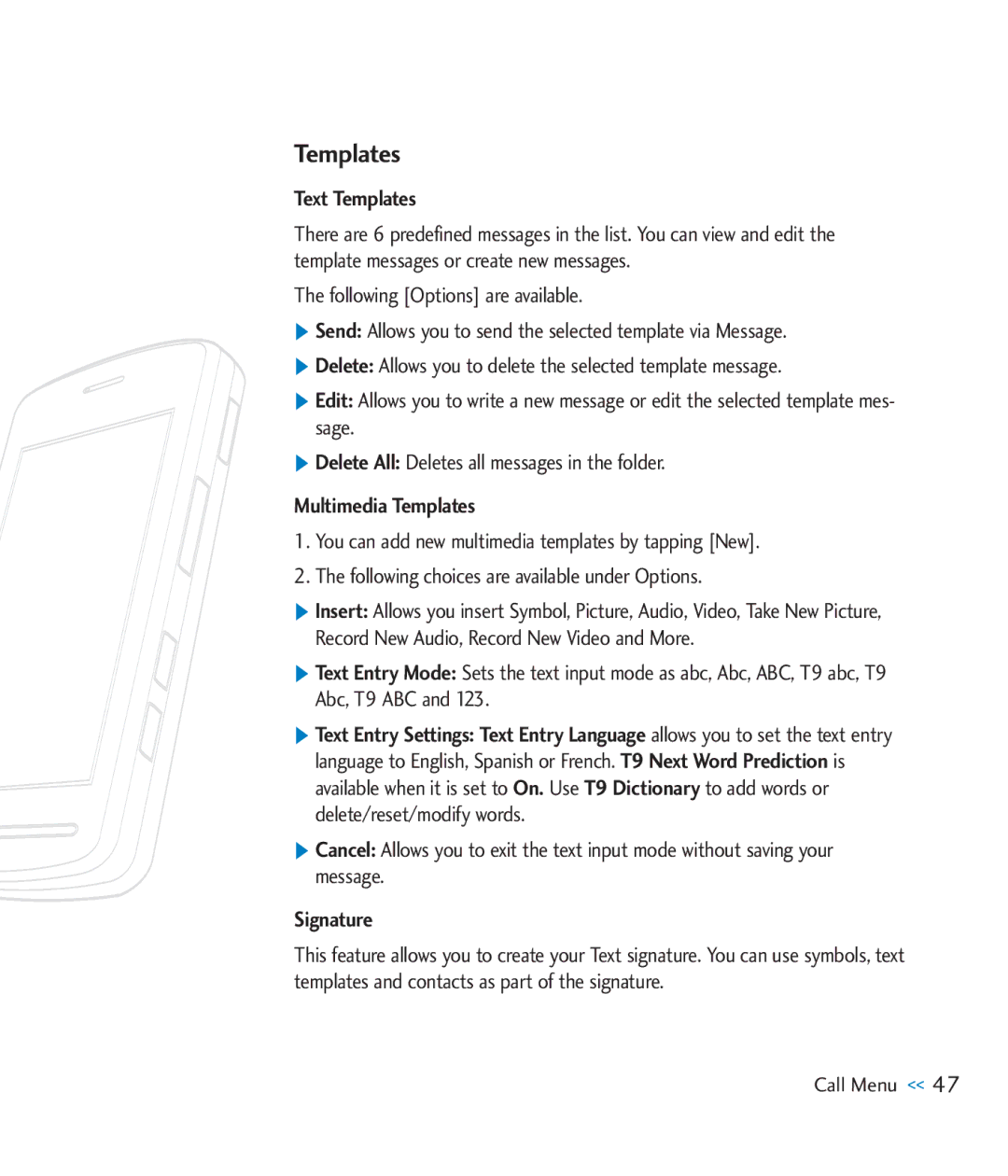 LG Electronics CU920 manual Text Templates, Multimedia Templates, Signature 