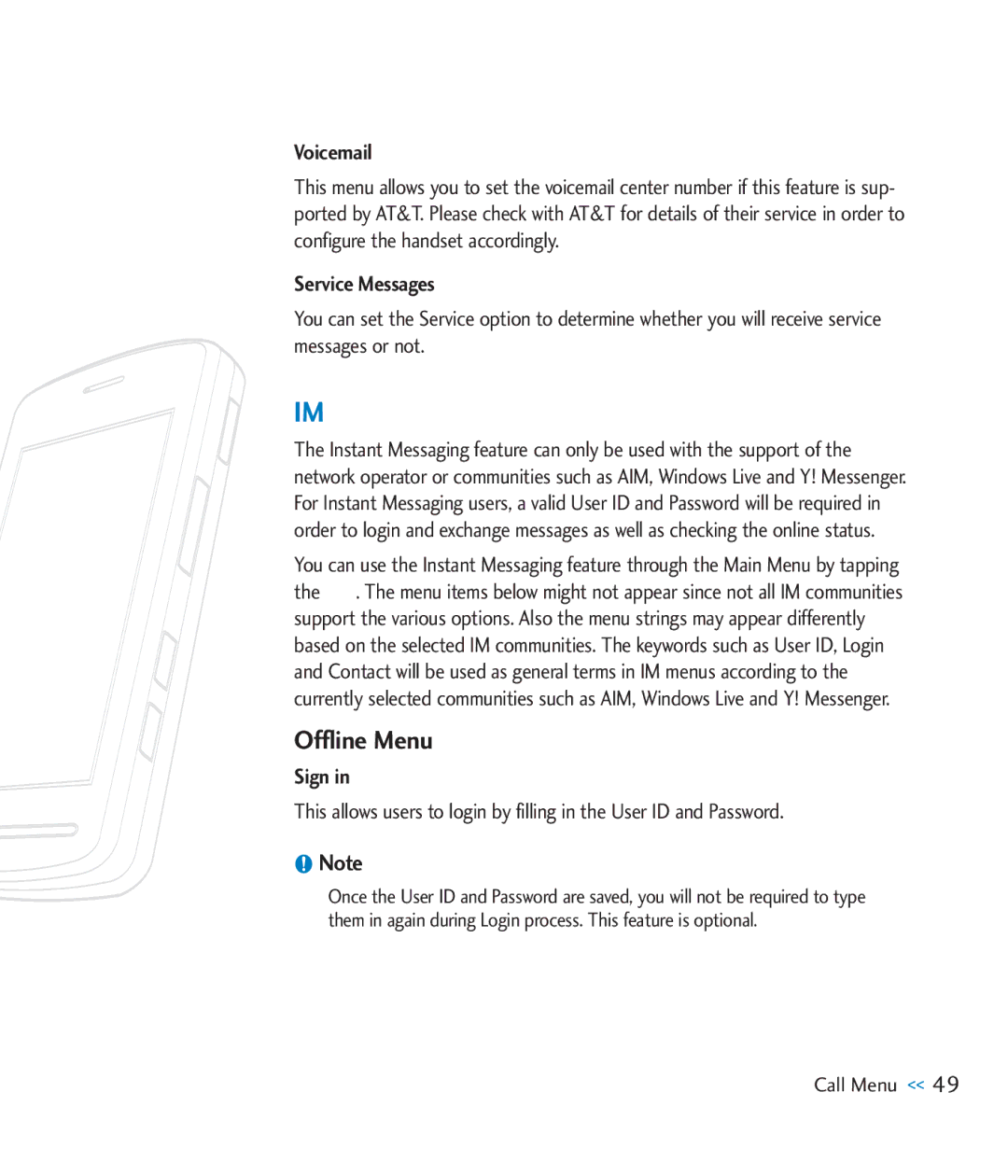 LG Electronics CU920 manual Offline Menu, Voicemail, Service Messages, Sign 