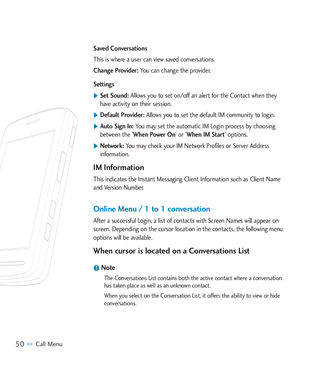 LG Electronics CU920 manual IM Information, When cursor is located on a Conversations List, Saved Conversations, Settings 