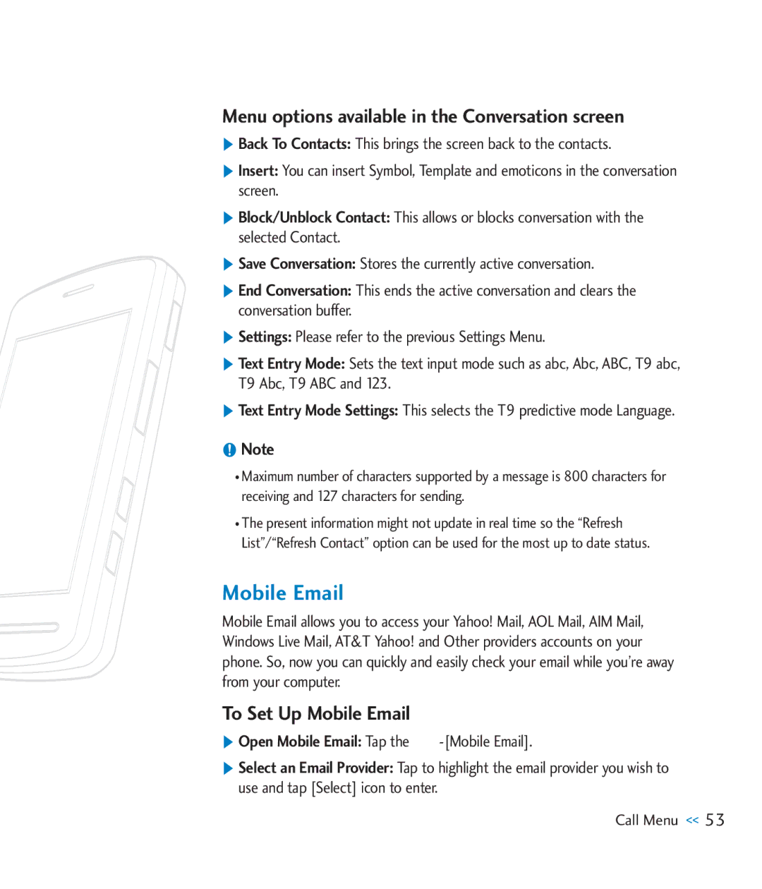 LG Electronics CU920 manual Menu options available in the Conversation screen, To Set Up Mobile Email 