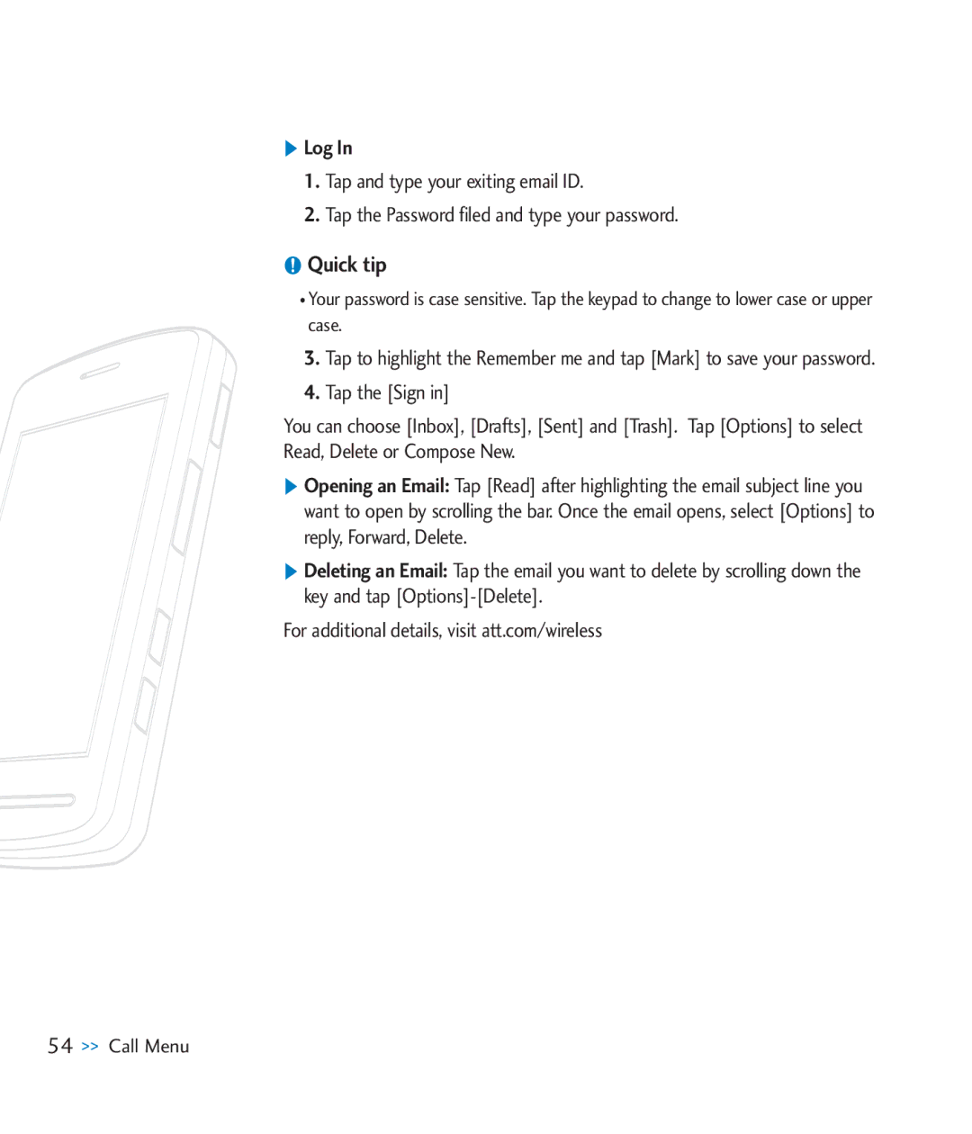 LG Electronics CU920 manual Quick tip, Log 